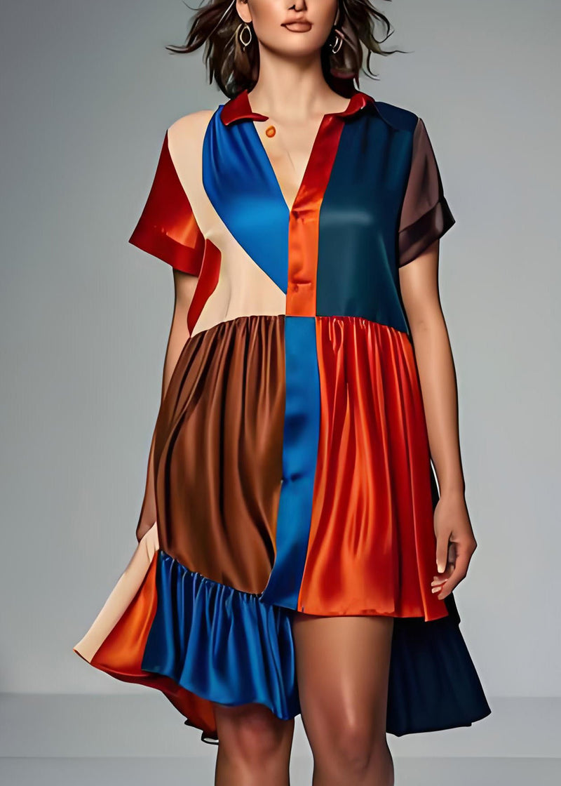 Colorblock Asymmetrical Patchwork Silk Dress Summer