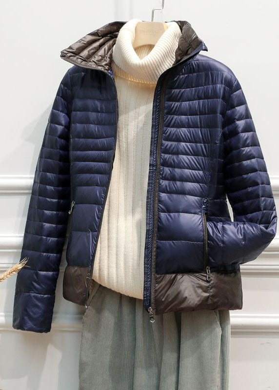 Italian Navy Stand Collar Zip Up Pockets Patchwork Duck Down Jacket in Winter