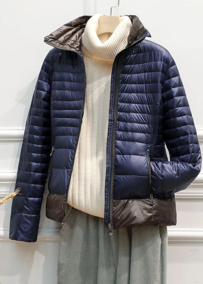 Italian Navy Stand Collar Zip Up Pockets Patchwork Duck Down Jacket in Winter