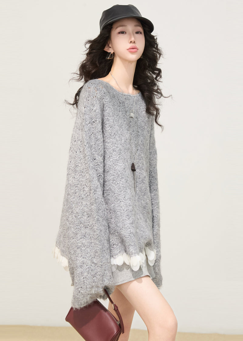 Grey Oversized Patchwork Knit Sweaters Winter