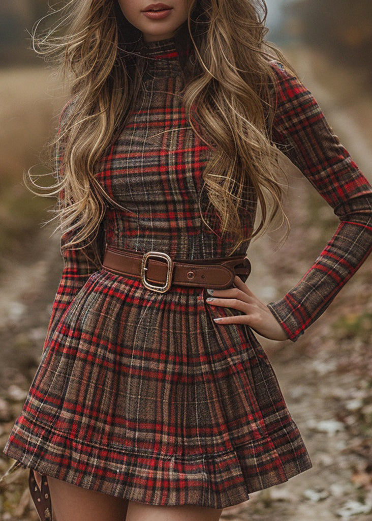 Red Hign Neck Plaid Cotton Mini Dress Spring