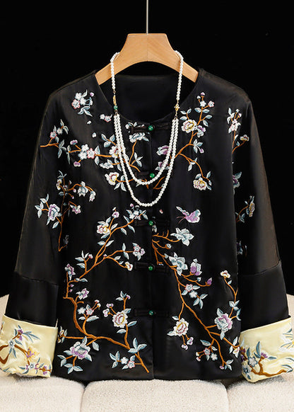 Chinese Style Green O-neck Embroidered Silk Coats Fall