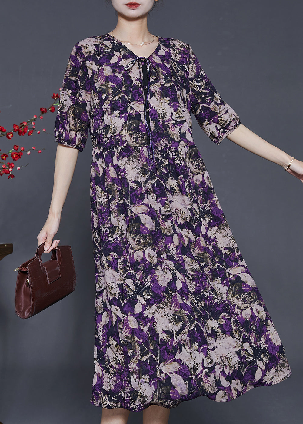 Unique Purple Print Bow Silk Holiday Dress Summer