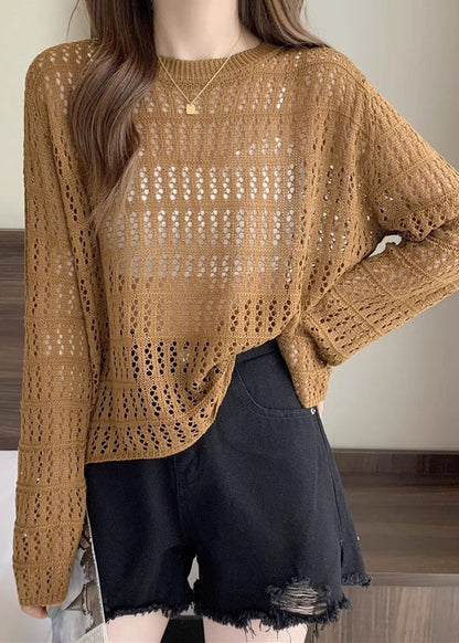 Loose Caramel Hollow Out Cozy Knit T Shirts Long Sleeve