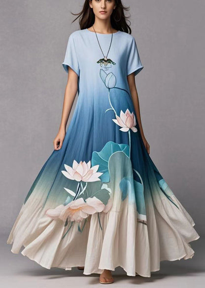 Gradient Blue Lotus Print Exra Large Hem Cotton Dress Summer