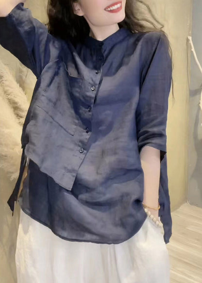 Green Stand Collar Asymmetrical Button Linen Shirts Long Sleeve
