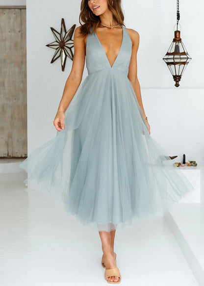 Pink V Neck Wrinkled Patchwork Tulle Dresses Sleeveless