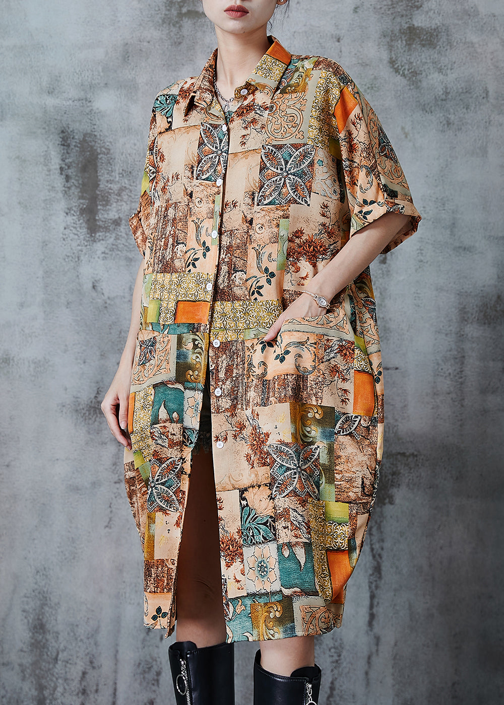 Khaki Oversized Print Chiffon Shirt Dress Summer