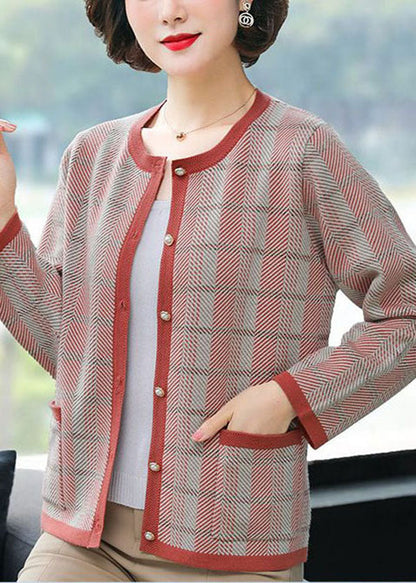 Red O-neck Pockets Plaid Knit Coat Long Sleeve