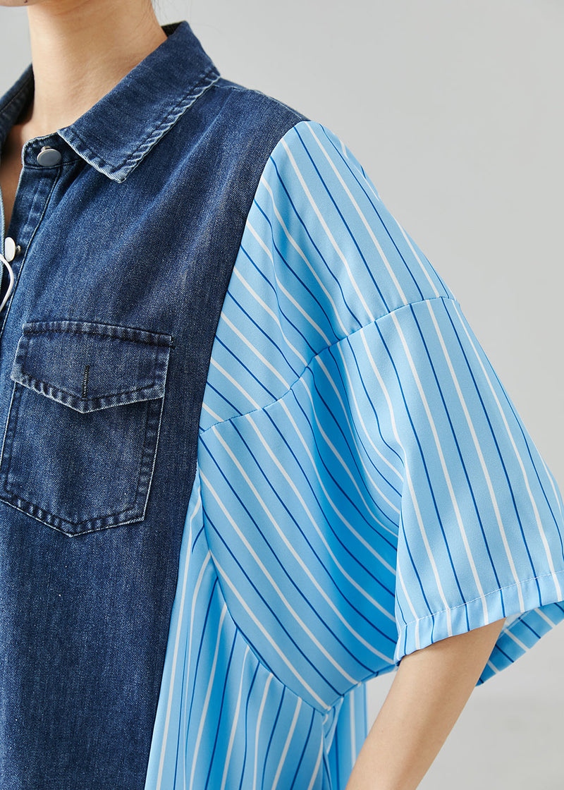 Blue Oversized Patchwork Striped Denim Dresses Summer