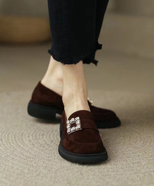Brown Chunky Suede Zircon Splicing Loafer Shoes