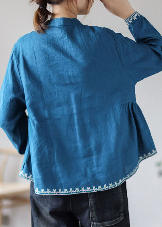 Organic Blue Loose Button Fall Long Sleeve Blouses