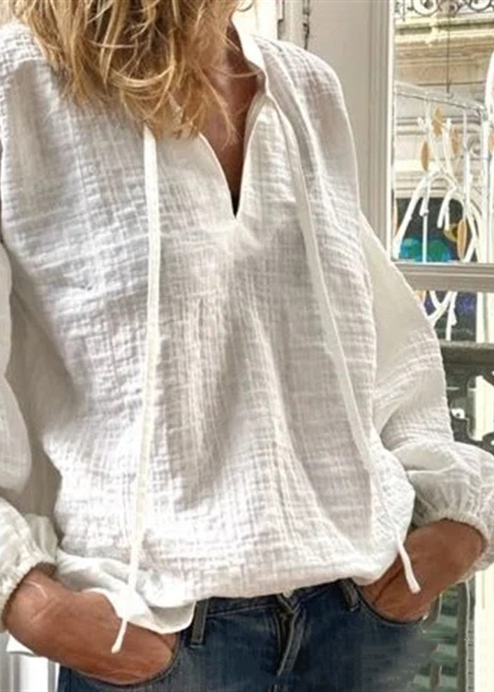 Loose White V Neck Lace Up Linen Blouses Long Sleeve