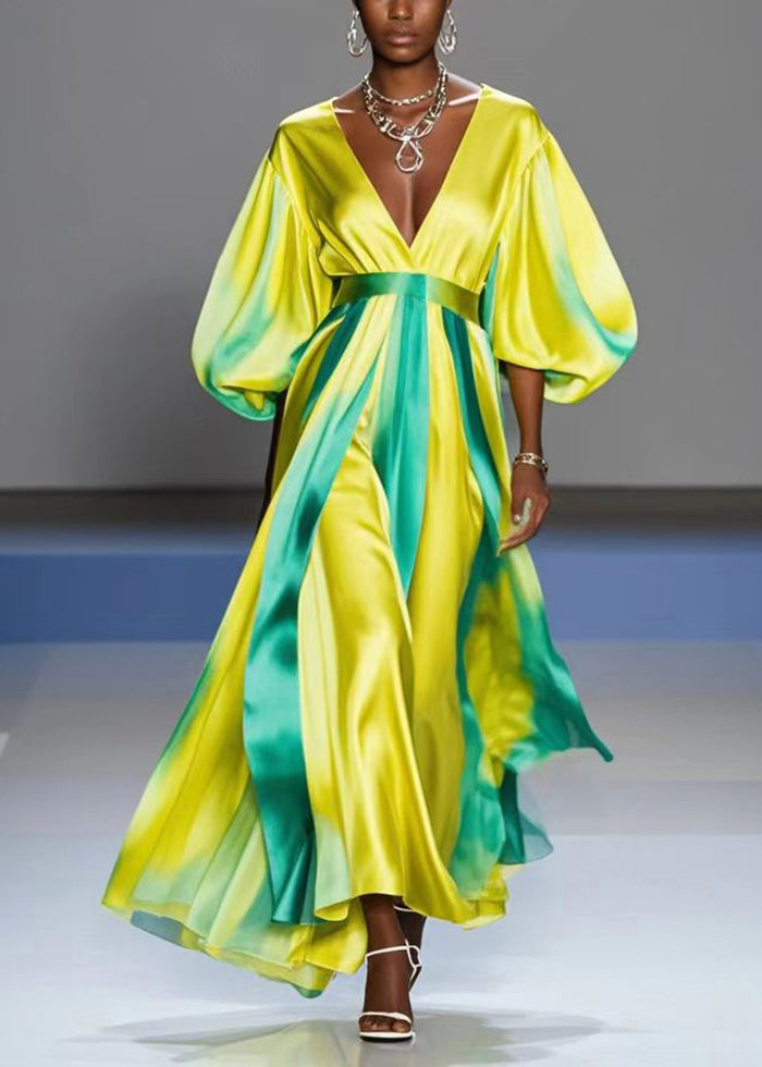 Yellow V Neck Tie Dye Silk Vacation Dresses Lantern Sleeve