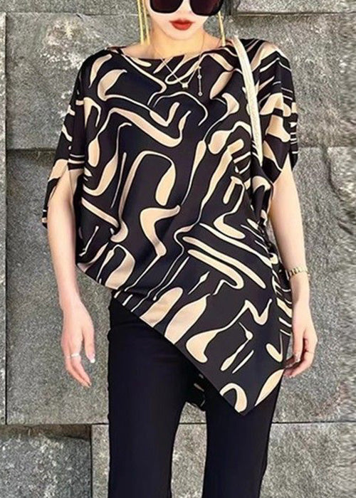 Beige Asymmetrical Print Cotton Blouse Tops Summer