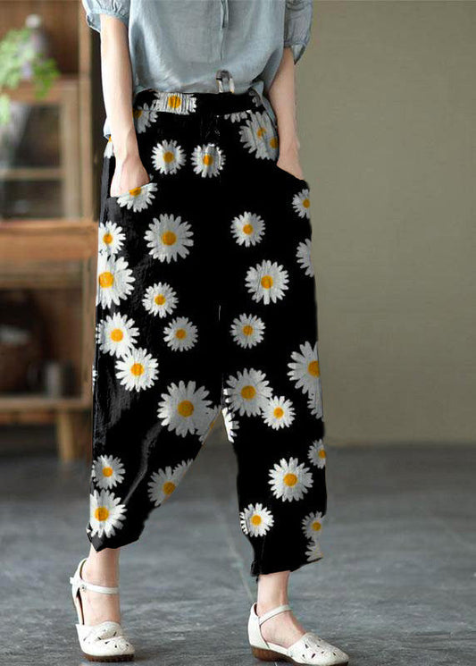 Art Black Flower Tie Waist Pockets Summer Harem Pants Linen