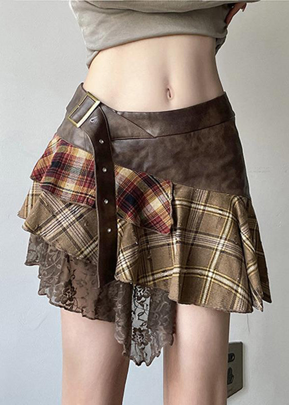 Brown Asymmetrical Lace Faux Leather Patchwork Skirts Summer