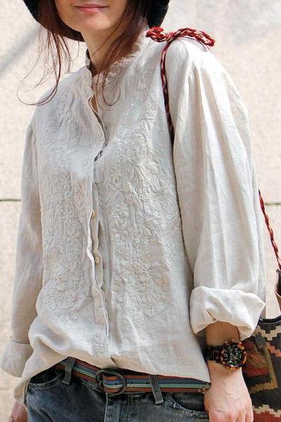 Limited Stock- Retro Embroidered Loose 100% Linen Shirt