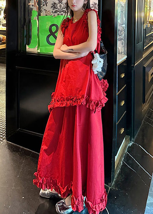 New Red Ruffled Tops and Skirts Cotton Two Piece Set Sleeveless