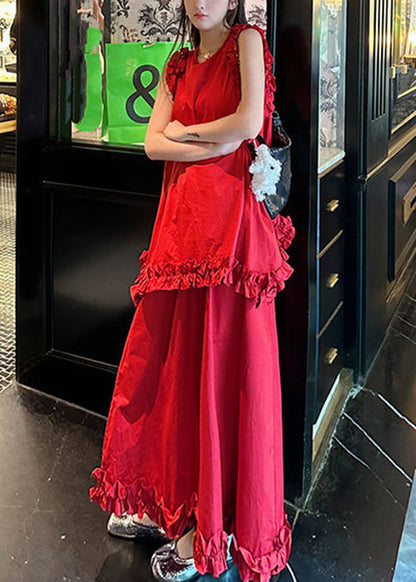 New Red Ruffled Tops and Skirts Cotton Two Piece Set Sleeveless