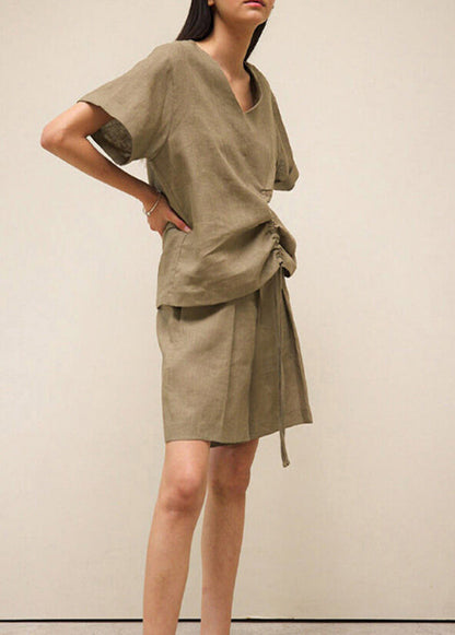 Loose Brown V Neck Drawstring Linen T Shirts Summer