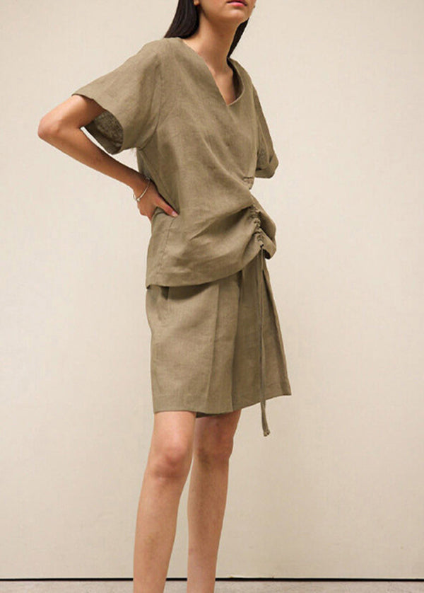 Loose Brown V Neck Drawstring Linen T Shirts Summer