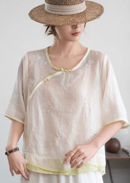 Beige Embroidered Patchwork Linen Oriental Shirt Summer