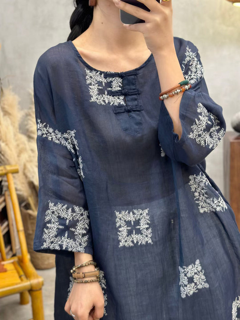 Summer Embroidery Long Ramie Shirt