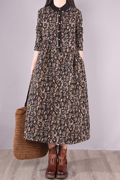Winter Quilted Print Dress Cotton Linen Dress