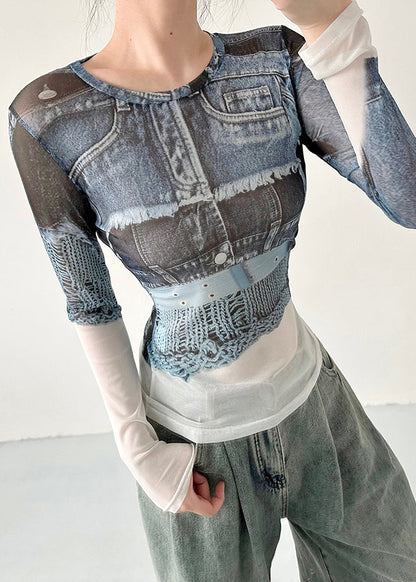 Original O-neck Print Slim Fit Tulle T Shirts Fall