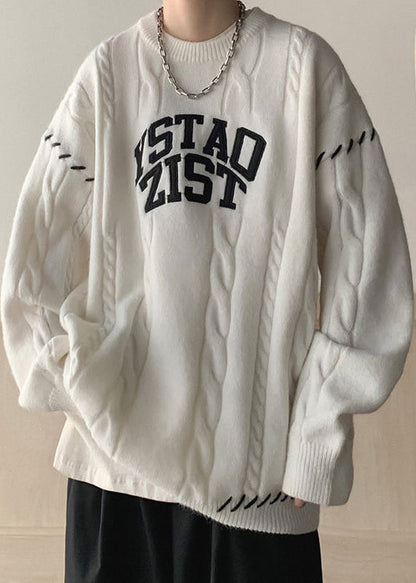 White Print Cozy Cotton Knit Winter Sweaters O Neck