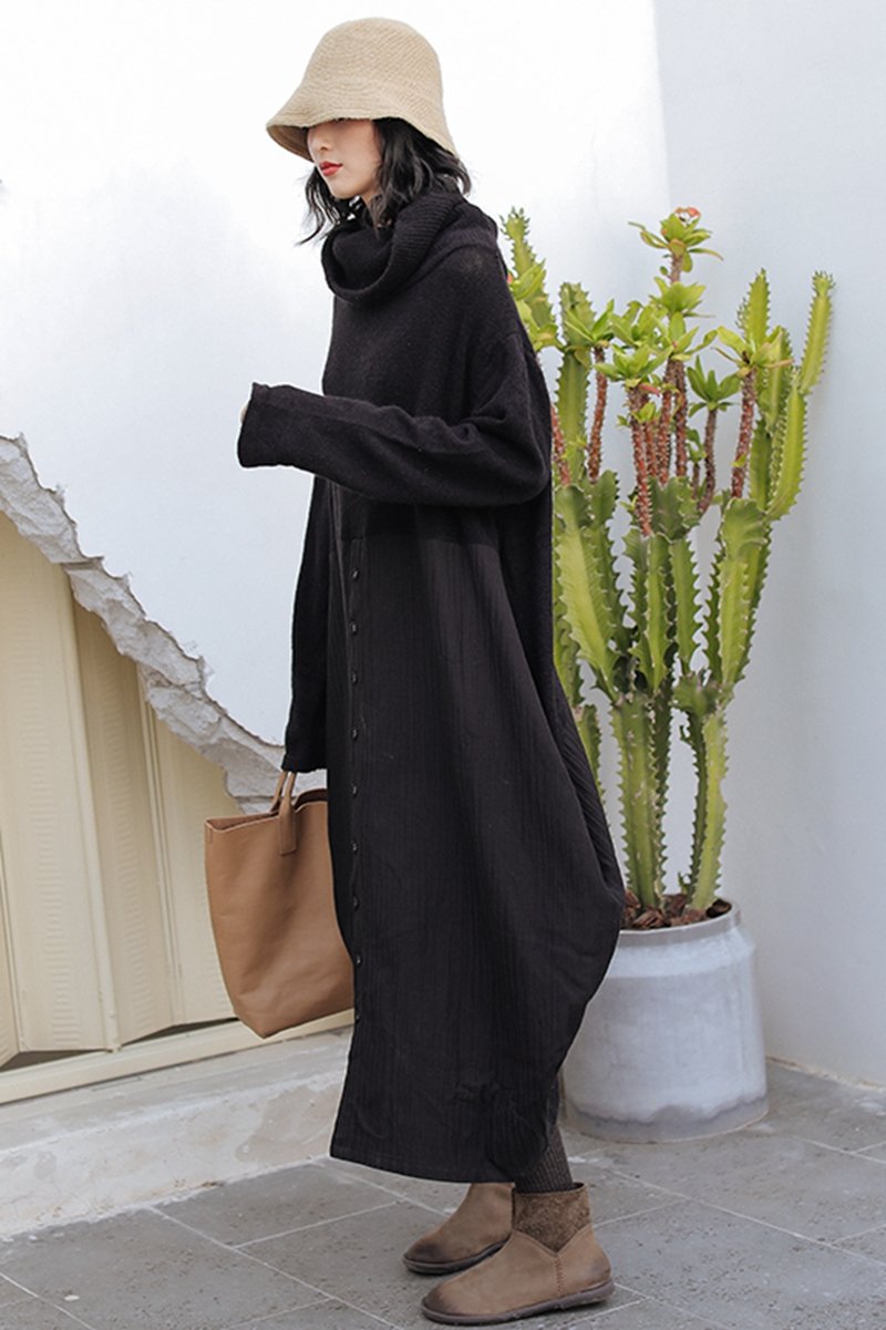 Wool Patchwork Turtleneck Sweater Dress