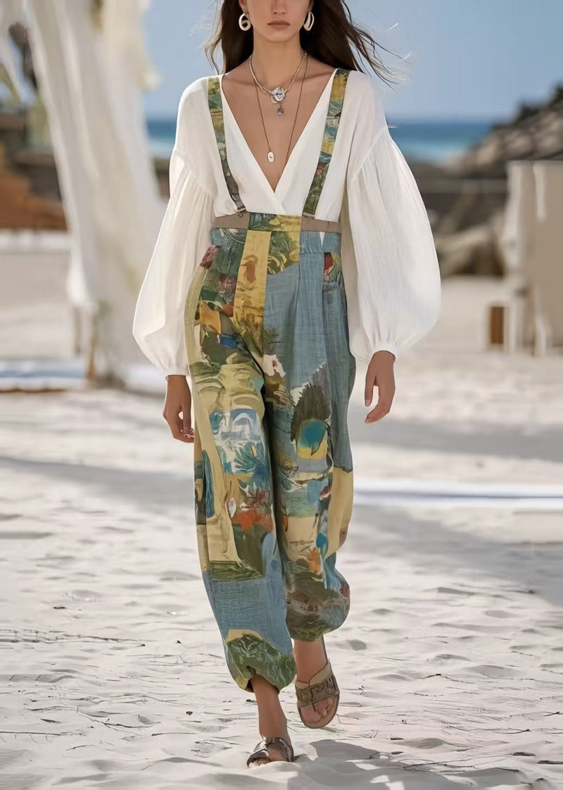 Sky Blue Print Oversized Cotton Jumpsuit Summer