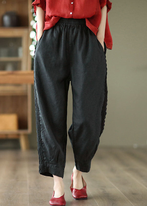 Black Elastic Waist Patchwork Lace Linen Harem Pants Spring