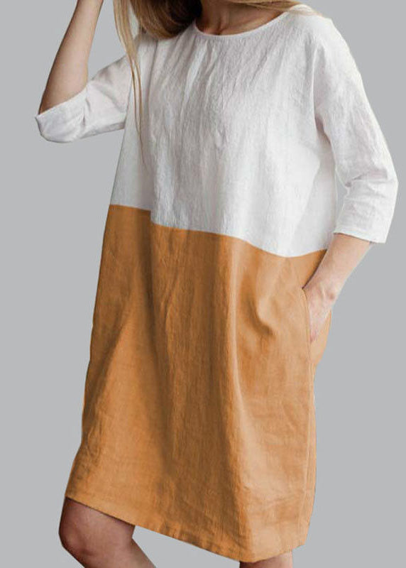 Loose Grey O Neck Patchwork Cotton Mid Dress Bracelet Sleeve