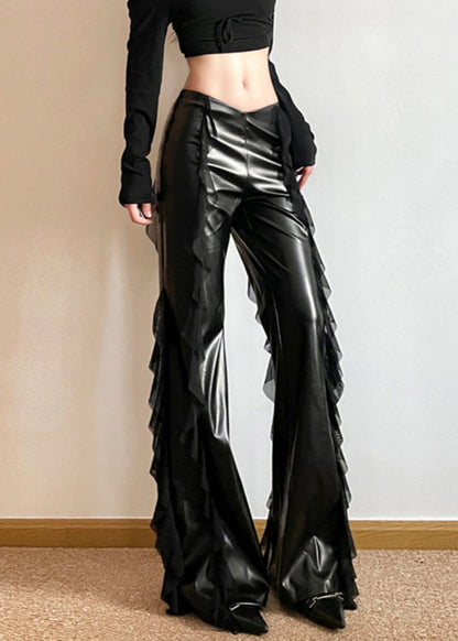 Black Ruffled Patchwork Asymmetrical Faux Leather Wide Leg Pants