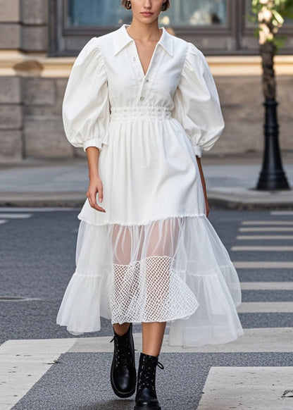 White Puff Sleeve Patchwork Tulle Cotton Party Dress Spring