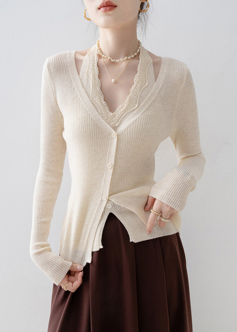 Apricot V Neck Lace Patchwork Knit Sweater Spring