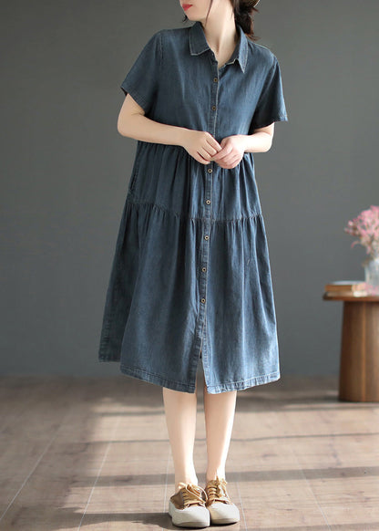 Retro Blue Patchwork Silk Vacation Denim Long Shirt Dresses Summer