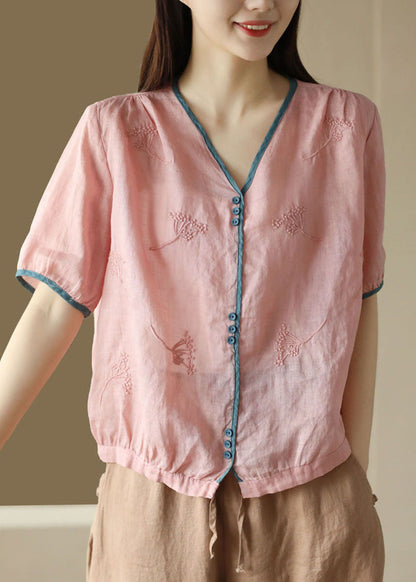 Pink Button Patchwork Linen Shirt Top Embroidered Summer