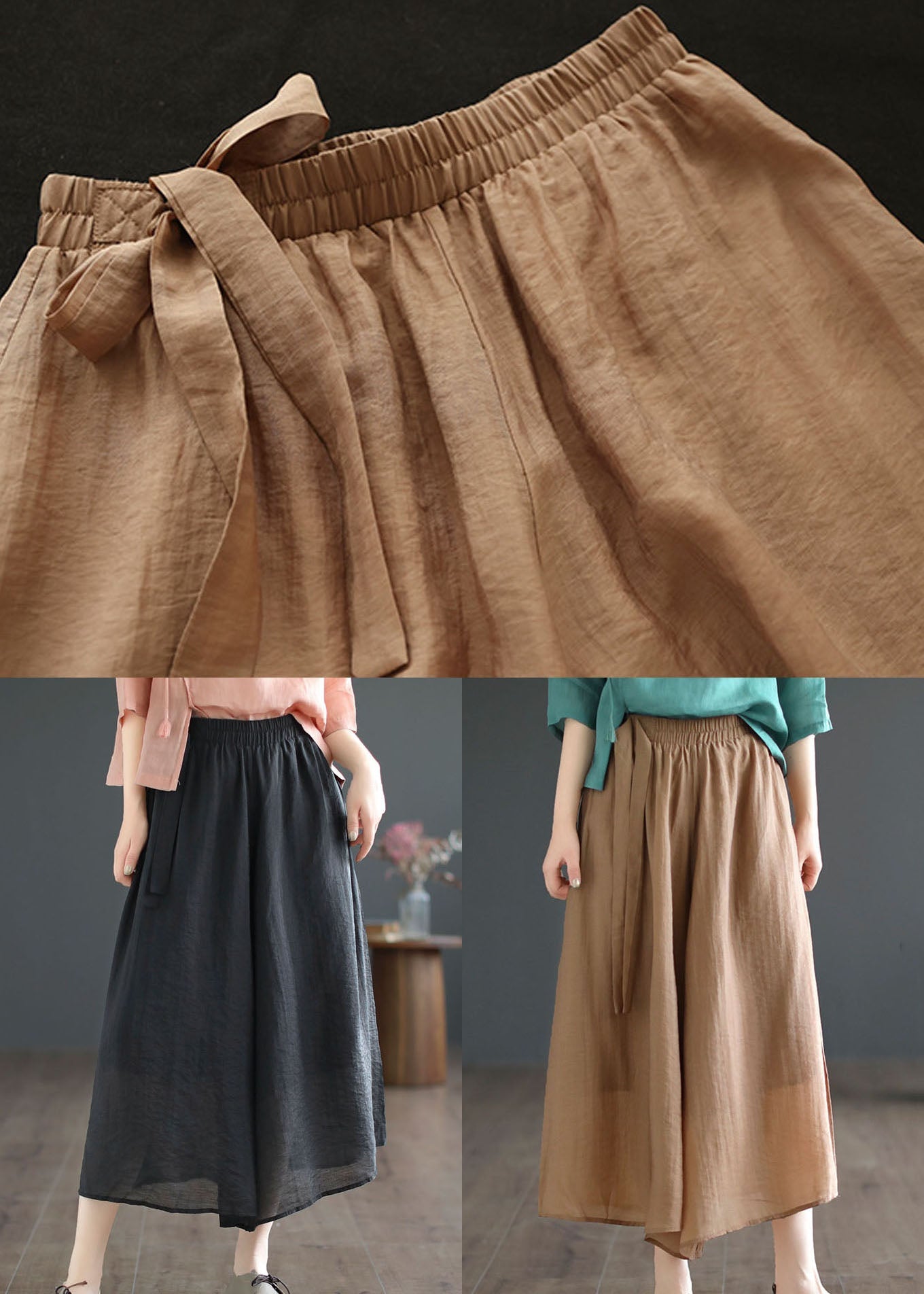 Khaki Pockets Patchwork Cotton Crop Pants Skirt Summer