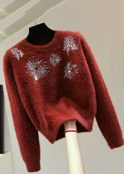Natural White O-neck Sequins Thick Cotton Knit Sweater Winter