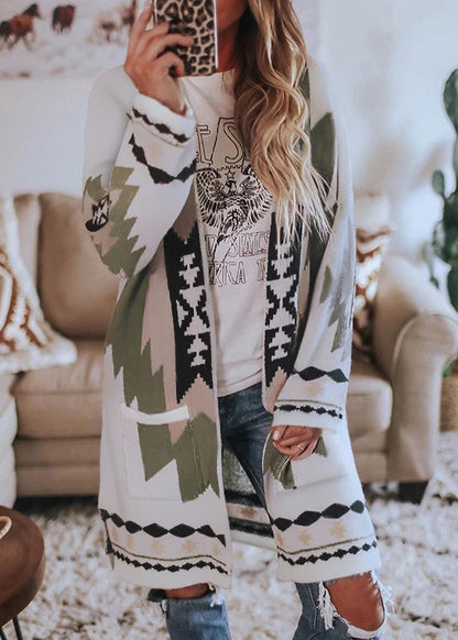 Loose Red V Neck Print Woolen Loose Cardigans Spring