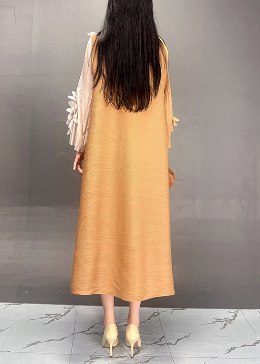 Classy Yellow Button Patchwork Silk Dress Fall