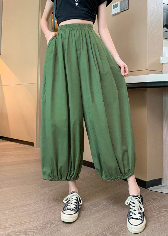 Blue Pockets Elastic Waist Crop Pants Summer