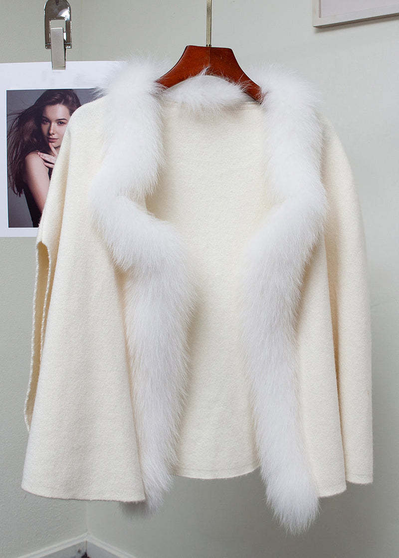 Beige Patchwork Woolen Winter Coat Fox Collar