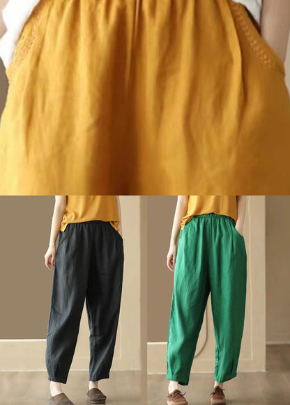 Black Pockets Wrinkled Patchwork Linen Pants Summer