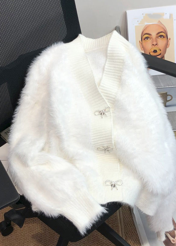 Pink V Neck Button Mink Hair Knitted Cardigan Spring