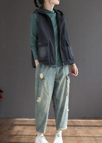 French Black Denim Hooded Patchwork Fall Waistcoat Sleeveless