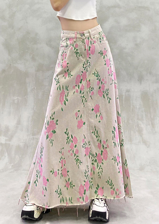 Print Pockets High Waist Denim Skirt Summer